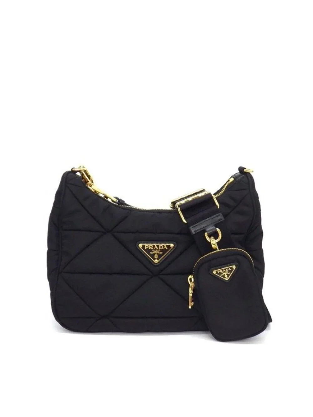 Prada Shoulder Bag Patted Quilted Re-Nylon Black Recycled Polyamide Gold